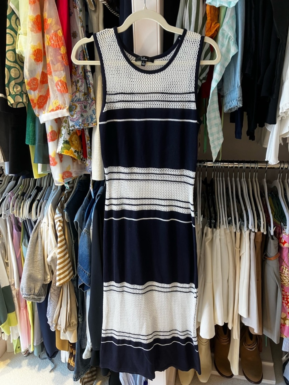 Lulus Sleeveless Navy & White Striped Knit Dress